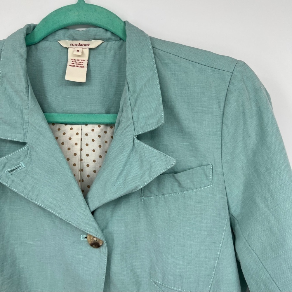 Sundance Notched Collared Long Sleeve Linen-Blend Blue Buttondown Jacket